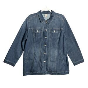 Chicos Sz 2P, 12 Elongated Denim Jacket Stretchy Comfy Utility Chore Lagenlook